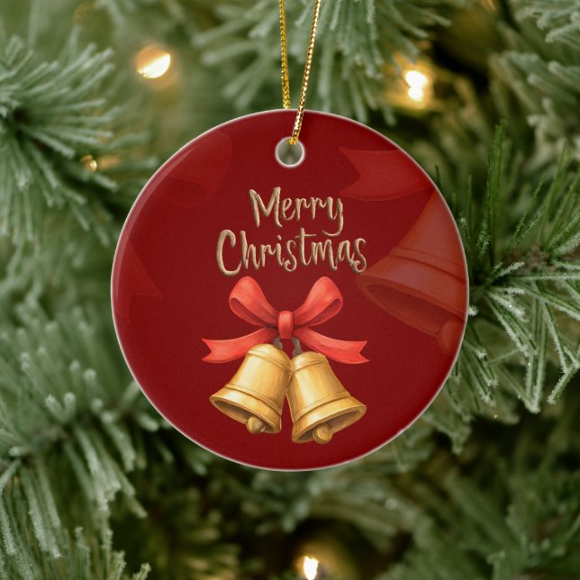 Golden Christmas Bells Red Holiday Art Ceramic Ornament (Tree)