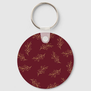 Golden Christmas Branches On Red Background Key Ring