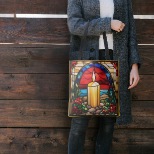 Golden Christmas Candle Faux Stained Glass Tote Bag