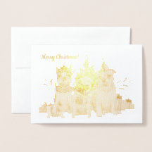 Golden Christmas dogs by tree postcard