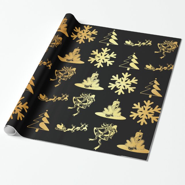 Golden christmas figures on black wrapping paper (Unrolled)