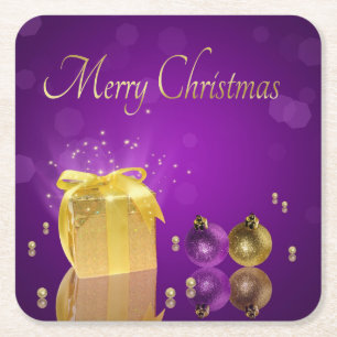 Golden Christmas Gift Box Square Paper Coaster