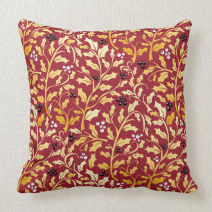 Golden christmas holly leaves and berries pattern cushion