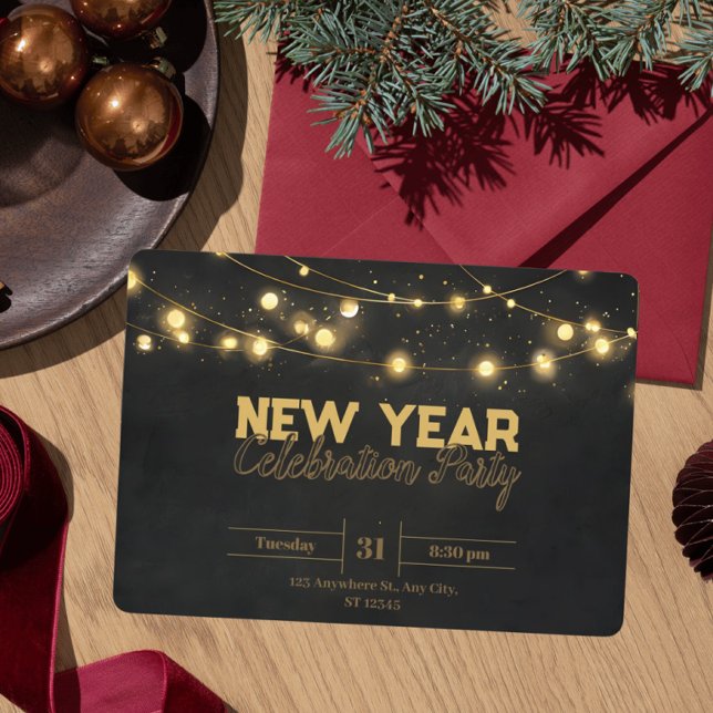 Golden Christmas Lights Minimalist New Year Invitation (Creator Uploaded)