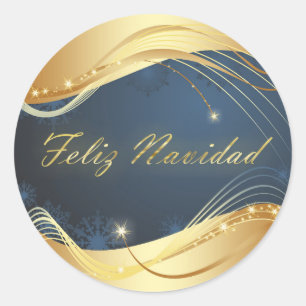 Golden Christmas motive with blue background... Classic Round Sticker