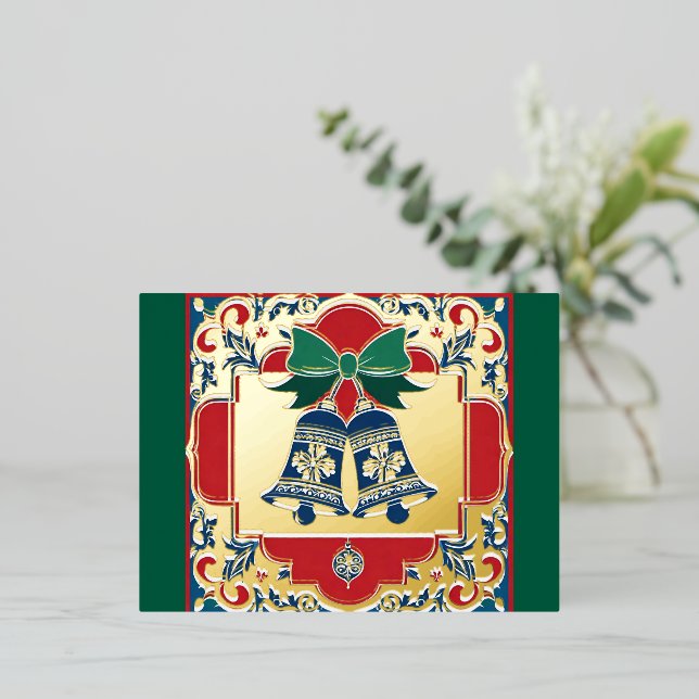Golden Christmas Night and the Christmas Bell Foil Holiday Postcard (Standing Front)