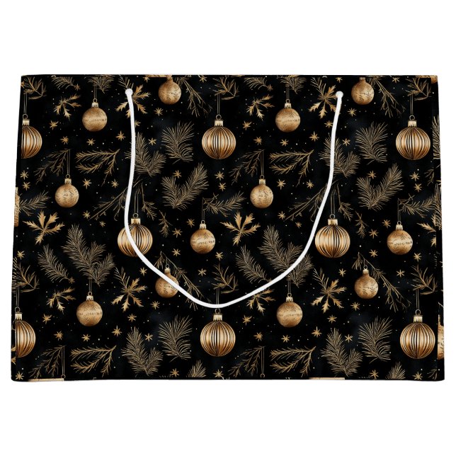 Golden Christmas Ornaments Pine Needles Holiday Large Gift Bag (Front)