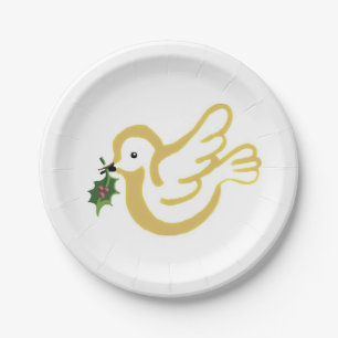Golden Christmas peace dove with holly Paper Plate