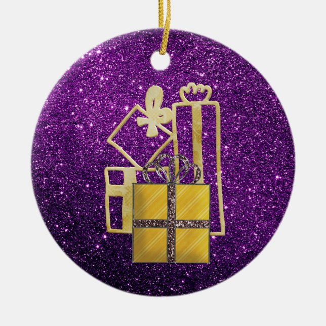 Golden Christmas Presents Purple Faux Glitter Ceramic Ornament (Front)