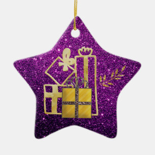 Golden Christmas Presents Purple Faux Glitter Ceramic Ornament