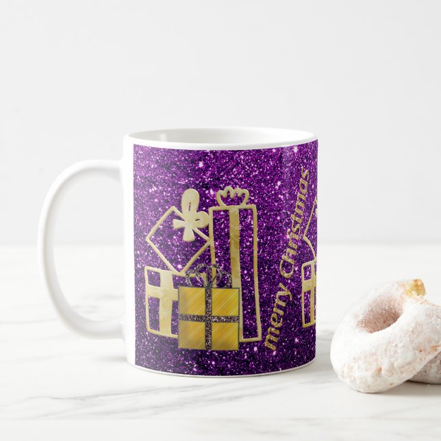 Golden Christmas Presents Purple Faux Glitter Coffee Mug (With Donut)