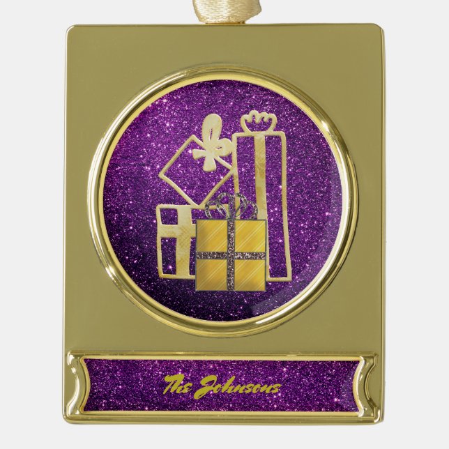 Golden Christmas Presents Purple Faux Glitter Gold Plated Banner Ornament (Front)