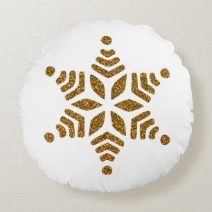 Golden Christmas Snowflake Star  Round Cushion