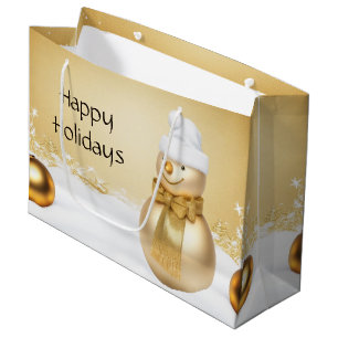Golden Christmas Snowman Holiday Gift Bag