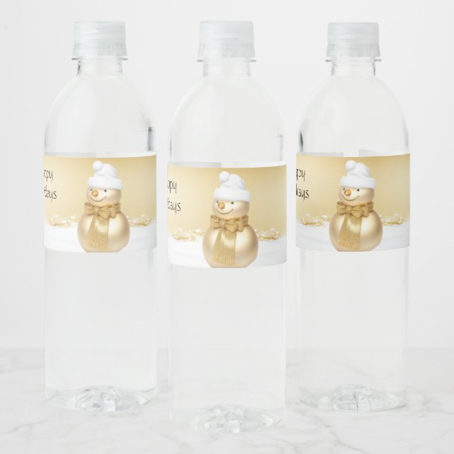 Golden Christmas Snowman Holiday Water Bottle Label (Bottles)