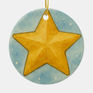 Golden Christmas Star in Snowy Sky Ceramic Ornament