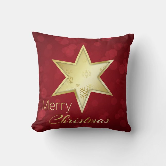 Golden Christmas Star Red Bokeh Cushion (Front)