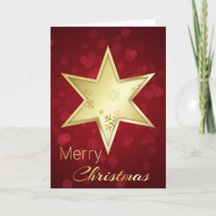 Golden Christmas Star Red Bokeh Holiday Card