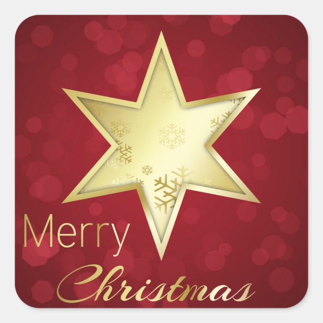 Golden Christmas Star Red Bokeh Square Sticker (Front)