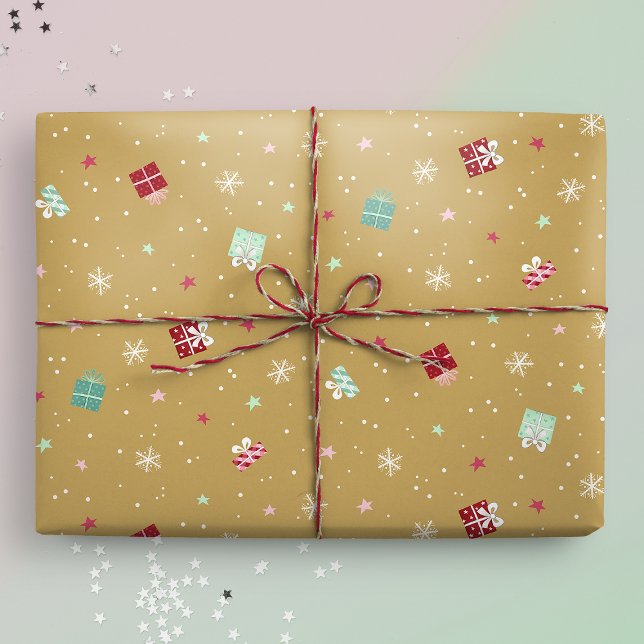 Golden Christmas Stars, Gifts, Snowflakes Wrapping Paper (Gift mockup)