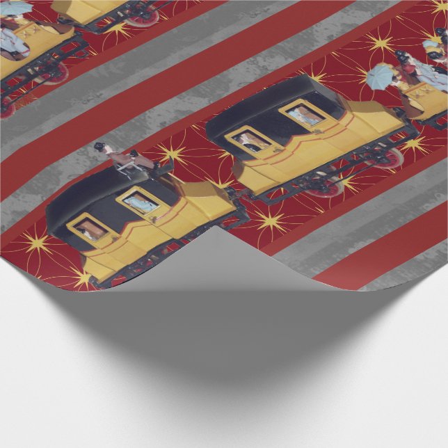 Golden Christmas Train Stripes Burgundy Grey Wrapping Paper (Corner)