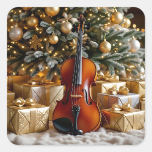 Golden Christmas Tree, Gifts and Violin Square Sticker
