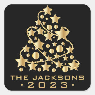 Golden Christmas Tree on Black Classic Round Square Sticker