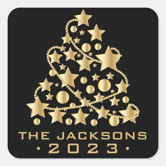 Golden Christmas Tree on Black Classic Round Square Sticker (Front)