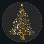 Golden Christmas Tree on Black Classic Round Sticker<br><div class="desc">Christmas tree in shades of golden yellow shading to simulate metallic gold. The Christmas tree is comprised of sweeping lines with star ornaments and topped with a gold star. Set on solid black.</div>