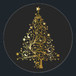 Golden Christmas Tree on Black Classic Round Sticker<br><div class="desc">Christmas tree in shades of golden yellow shading to simulate metallic gold. The Christmas tree is comprised of sweeping lines with star ornaments and topped with a gold star. Set on solid black.</div>