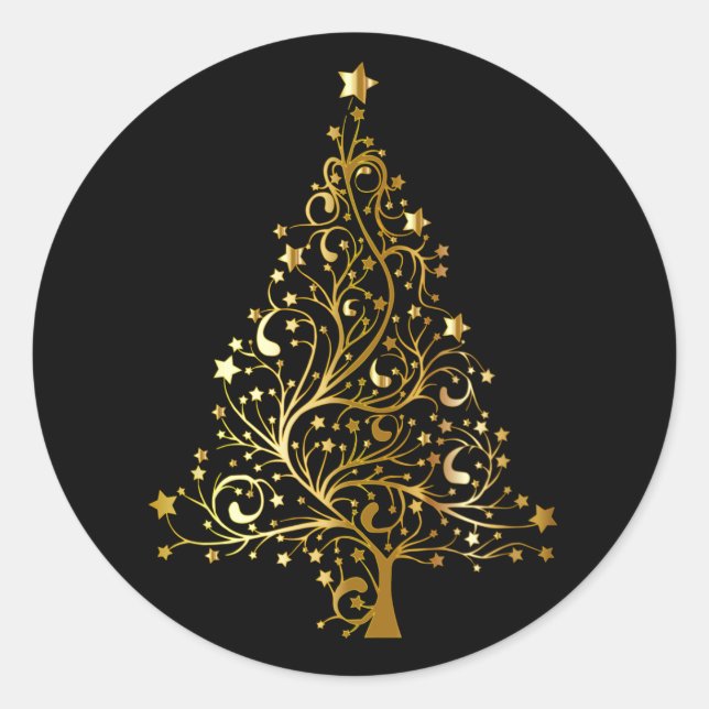 Golden Christmas Tree on Black Classic Round Sticker (Front)