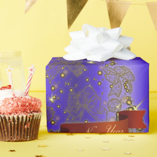 Golden Christmas Tree on Blue Wrapping Paper