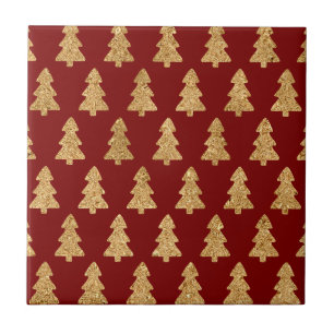 Golden Christmas Tree on Red - Classic Christmas Ceramic Tile