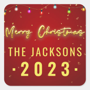 Golden Christmas Tree on Red Classic Square Sticker