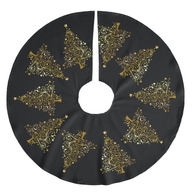 Golden Christmas tree Pattern Black Brushed Polyester Tree Skirt (Front)