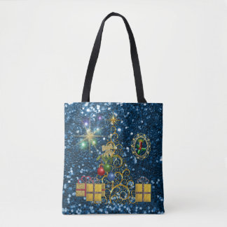Golden Christmas Tree & Presents Blue Faux Glitter Tote Bag