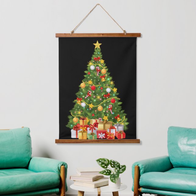Golden Christmas Tree & Presents Holiday Wall Tape Hanging Tapestry (Living Room)