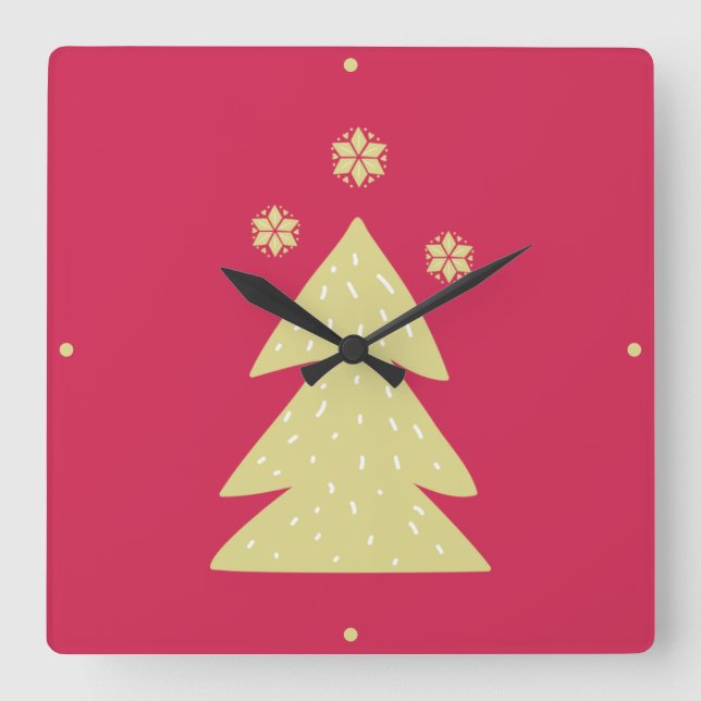 Golden Christmas Tree Square Wall Clock (Front)