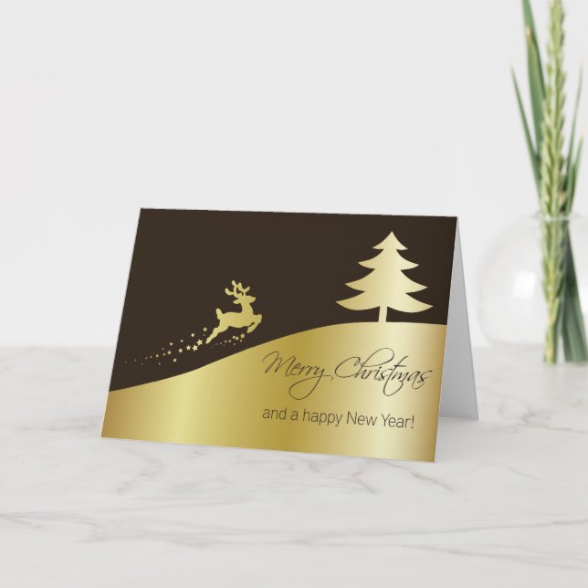 Golden Christmas Tree with Reindeer Holiday Card (Front)
