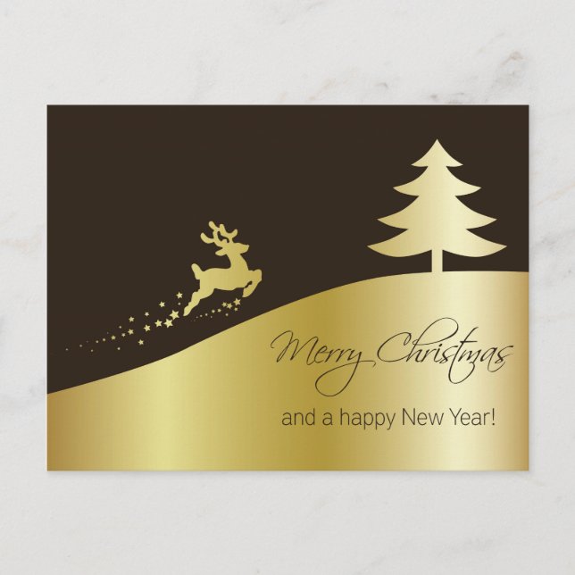 Golden Christmas Tree with Reindeer Holiday Postcard (Front)