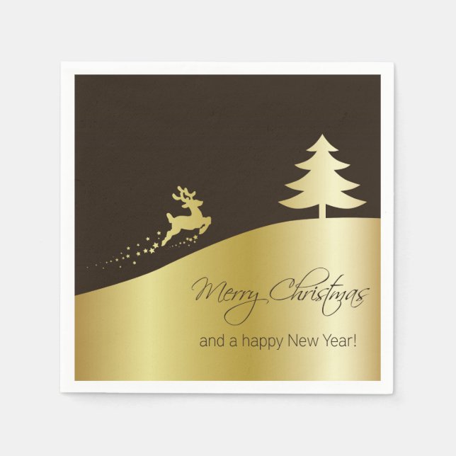 Golden Christmas Tree with Reindeer Napkin (Front)