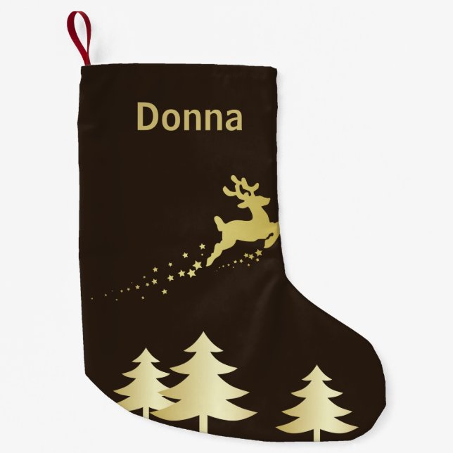 Golden Christmas Tree with Reindeer Small Christmas Stocking (Front)