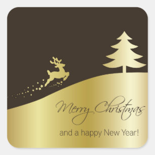Golden Christmas Tree with Reindeer Square Sticker