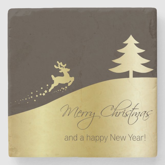 Golden Christmas Tree with Reindeer Stone Coaster (Front)