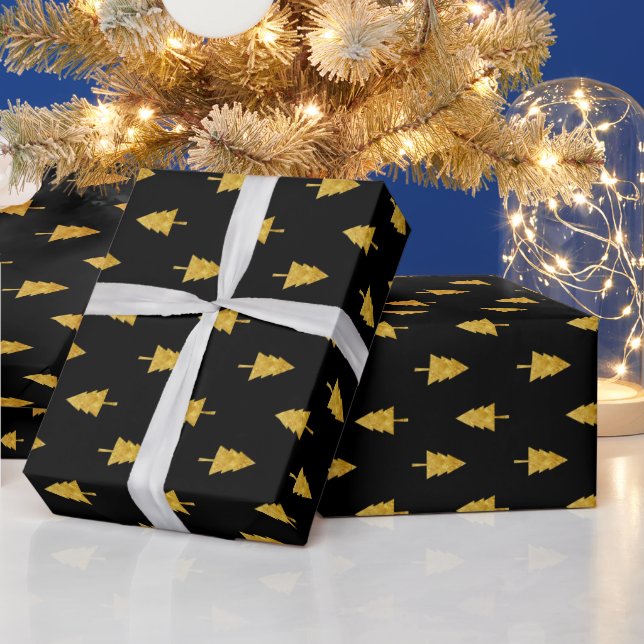 Golden Christmas Trees on Black Background Wrapping Paper (Holidays)
