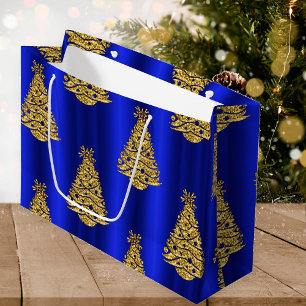 Golden Christmas Trees on Blue Large Gift Bag