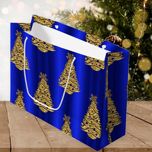 Golden Christmas Trees on Blue Large Gift Bag (Golden Christmas Trees on Blue Christmas Gift Bag by the Olde Christmas Shoppe)