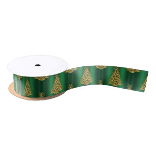 Golden Christmas Trees on Green Satin Ribbon