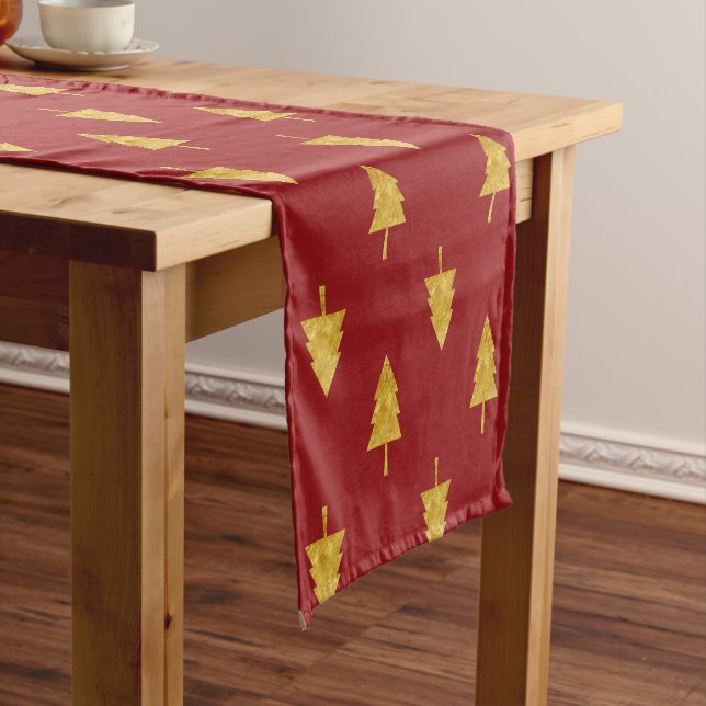 Golden Christmas Trees on Red Background Short Table Runner (In Situ)