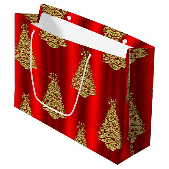 Golden Christmas Trees on Red Large Gift Bag (Front Angled)